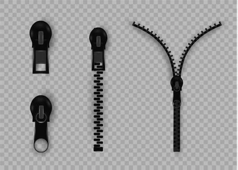 Beautiful vector closed and open zip detail, buckle. Fastens with a zipper.metal Stock Illustration