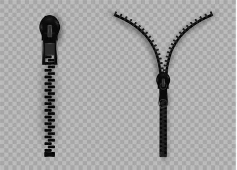 Beautiful vector closed and open zip detail, buckle. Fastens with a zipper.metal Stock Illustration
