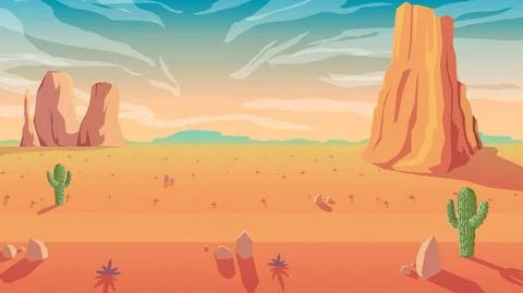 Beautiful Vector Flat Desert Landscape Afternoon Time And Sun Light Stock Illustration