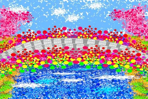 Beautiful vector landscape: bridge on the river Stock Illustration