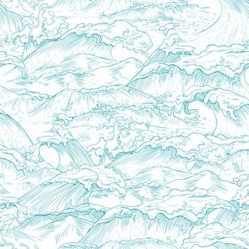 Beautiful vector marine seamless pattern with sea or ocean tsunami waves. Stock Illustration