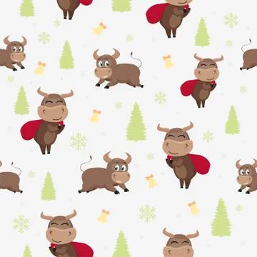 Beautiful vector new year pattern with bulls on a light background. Stock Illustration