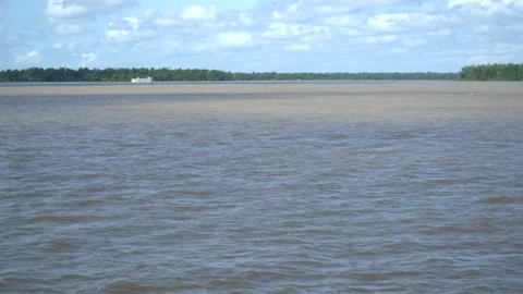 Beautiful view of the Amazon River and wooden boat sailing on a sunny summer day Stock Footage 131559714