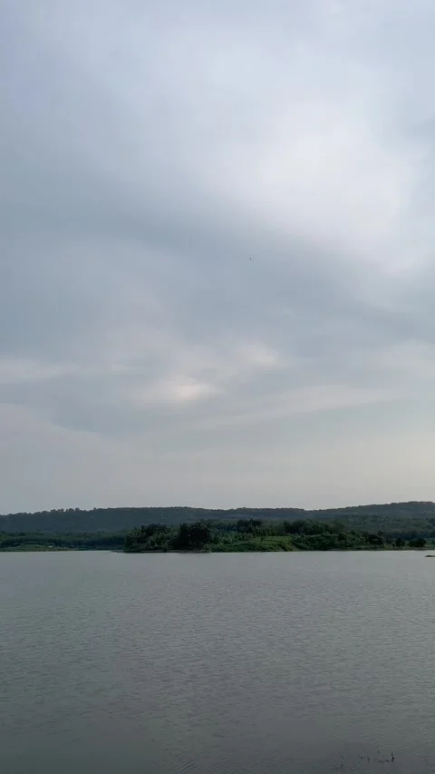 Beautiful view of artificial lake in the middle of green rice fields and hills Stock Footage 307613559