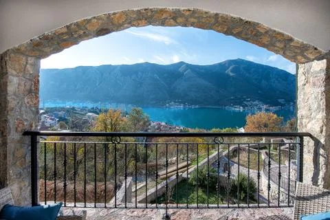 Beautiful view of the Bay of Kotor and mountains from the terrace Stock Photos