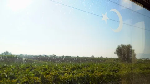 The beautiful view behind the star and crescent, Turkish State Railways.  Stock Footage 99708618