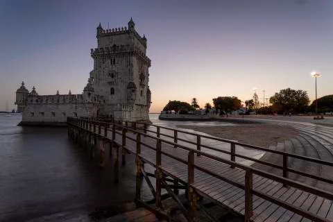 Beautiful view of the Belem Tower at sunset in the city center of Lisbon. Hig Stock Photos