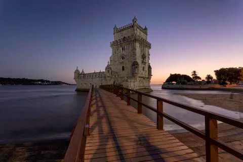 Beautiful view of the Belem Tower at sunset in the city center of Lisbon. Hig Foto stock