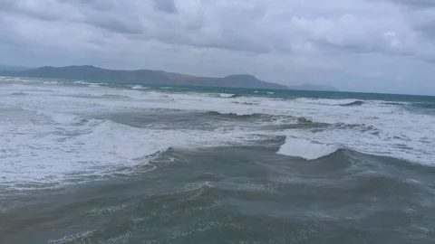 Beautiful view of big waves on ocean beach. Strong wind. Stock Footage 119790110