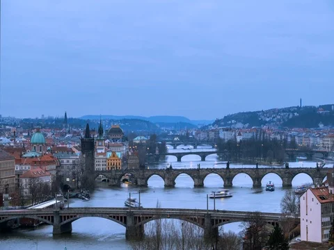 Beautiful view on the bridges over the river Vltava. Old Town architecture, Czec Stock-Footage 84893354