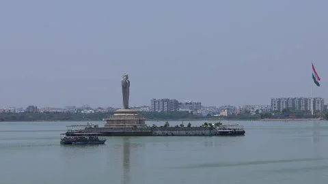 Beautiful view of Buddha statue at Hussain sagar lake. Stock Footage 285245884