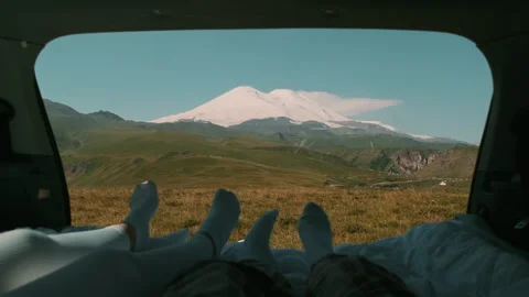 Beautiful view from the car of Elbrus. Video stock 252457579