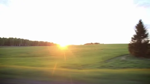 Beautiful view from the car window of fields and forests through the rays of the 스톡 동영상 314429210