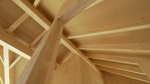 Beautiful view of the ceiling beams of a modern cross laminated timber house. Stock Footage 152002055