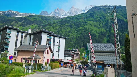 Beautiful view of Chamonix opening the view to Aiguille du Midi Mountain peak. Видео 247251406