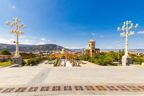 Beautiful view to chapel on site to Sameba Cathedral Tsminda in Tbilisi Holy  Stock Photos