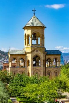 Beautiful view to chapel on site to Sameba Cathedral Tsminda in Tbilisi Holy  Stock Photos
