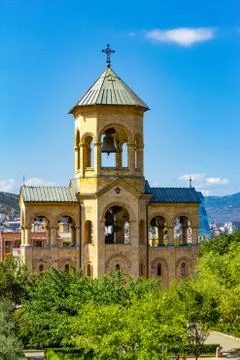 Beautiful view to chapel on site to Sameba Cathedral Tsminda in Tbilisi Holy  Stock Photos