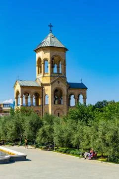 Beautiful view to chapel on site to Sameba Cathedral Tsminda in Tbilisi Holy  Stock Photos