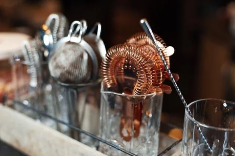 Beautiful view composition with different bar equipment and steel tools whi.. Stock Photos