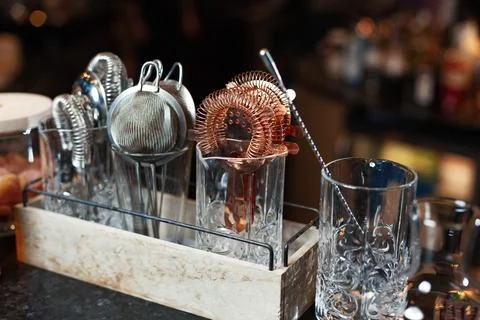 Beautiful view composition with different bar equipment and steel tools whi.. Stock Photos