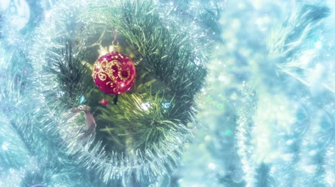 Beautiful view dolly moving camera shot. Christmas pine tree. Red ball. Stock Footage 45819950