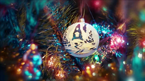 Beautiful view dolly moving camera shot. Christmas pine tree, white snowy ball. Video stock 45819982