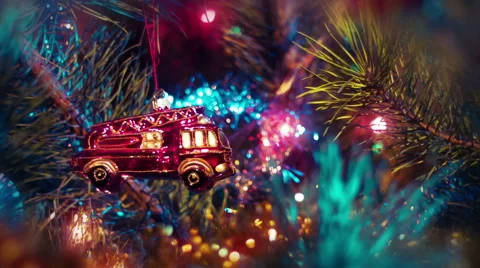 Beautiful view dolly moving camera shot. Christmas pine tree. Red toy. Stock Footage 45819983