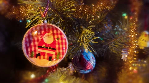 Beautiful view dolly moving camera shot. Christmas pine tree. Santa Claus. Stock Footage 45820008