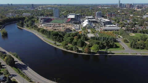 Beautiful view of downtown Ottawa riverside and glebe area with construction on Stock Footage 347095131