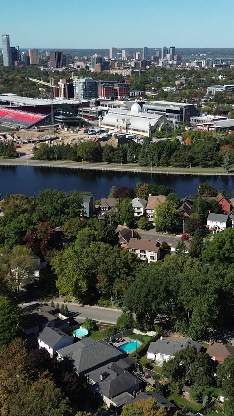 Beautiful view of downtown Ottawa riverside and glebe area with construction on Stock Footage 347095519