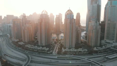 Beautiful view from the drone on the road and skyscrapers in the Emirates Stock Footage 96903505