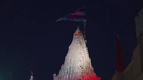 Beautiful view of Dwarka temple at night. Ancient Hindu temple which is sign of  Stock Footage 168909579