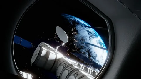 Beautiful view of Earth from inside of a space station. Universe exploration. Video stock 158241847