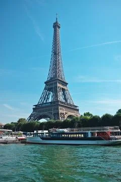 Beautiful view of the Eiffel tower and boats floating on Seine river, Paris, Fra Stock-Fotos