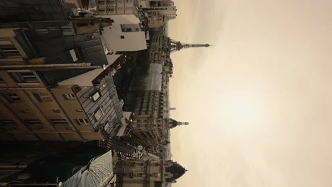 Beautiful View of the Eiffel Tower, Paris City Skyline, France, Overcast, Stock Footage 243787491
