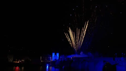 Beautiful view of exploding fireworks in a dark sky Stock Footage 239201156