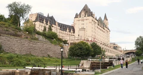 Beautiful view of the Fairmont Chateau Laurier on the Rideau Canal in Ottawa Stock Footage 253361553