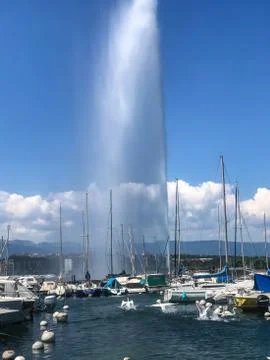 Beautiful View of famous Jet d'Eau fountain at  Geneva, Switzerland Stock Photos