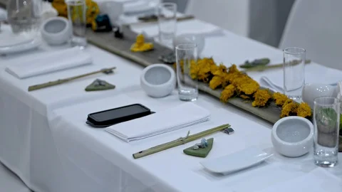 Beautiful view of festive table with arrangement for event in luxury restaurant Stock Footage 128283434