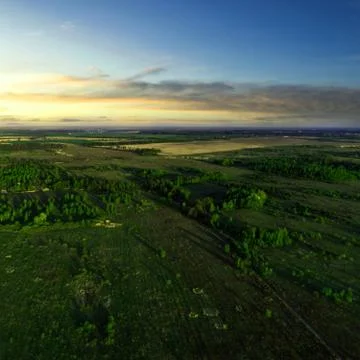 Beautiful view of the fields with trees on it at sunset. Stock Photos