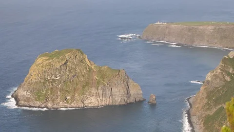 Beautiful View Flores Cliffs, Blue Ocean and Lighthouse On Cliff, Flores Island, Video stock 89364637