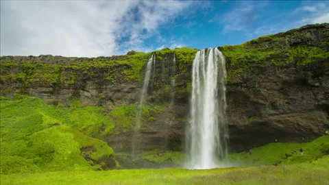 Beautiful view of giant waterfall flowing in Iceland mountains. Stock Footage 140347341