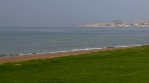 Beautiful view of a green patch of grass along a beach off the coast of Oman Stock Footage 89164339