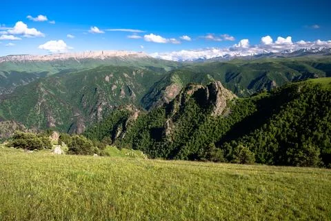 A beautiful view of high cliffs. The landscape and nature of the Caucasus. Stock Photos