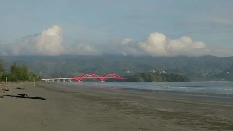 A Beautiful View of Holtekamp Red Bridge during Sunrise in Jayapura, Papua. Stock Footage 153146616
