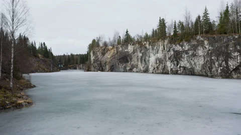 Beautiful view of an ice-covered marble quarry in Karelia. Stock Footage 139492227