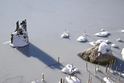 Beautiful view of the lake with rocks in winter Stock Photos