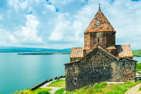 Beautiful view of Lake Sevan and the monastery of Sevanavank, a sight of Arme 스톡 사진