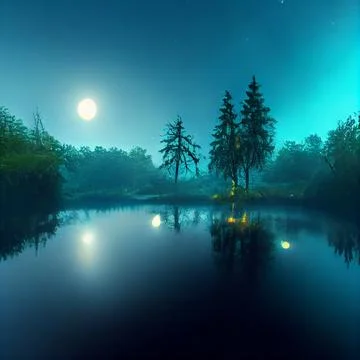Beautiful view by the lakeside with moonlight reflection Stock Illustration